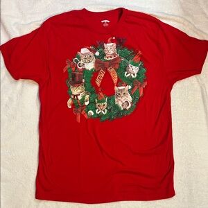 Holiday Time Cat Wreath "Meowy Christmas" Graphic T-Shirt Size L